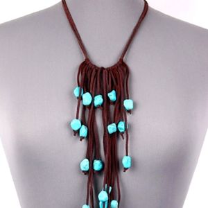 Suede Leather & Turquoise Stone Bead Fringe Tassel Necklace